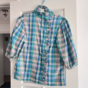 Vintage Plaid Ruffle-Front Top in Blue & Pink